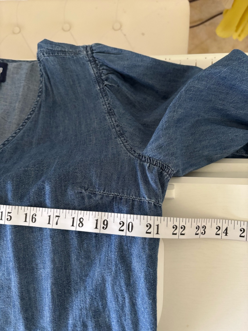 Denim Blue Wrap Ruffle Mini Dress with Puff Sleeves - Picture 12 of 14